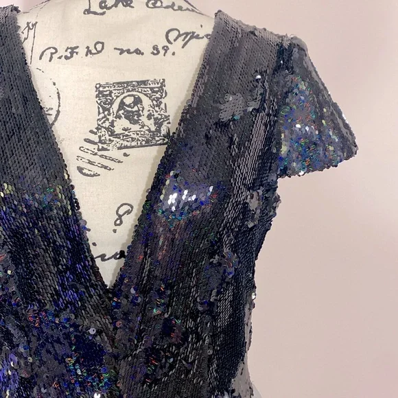 NWT Dress the Population Zoe Cap Sleeve Plunging Sequin Mini Dress black L - Picture 4 of 9